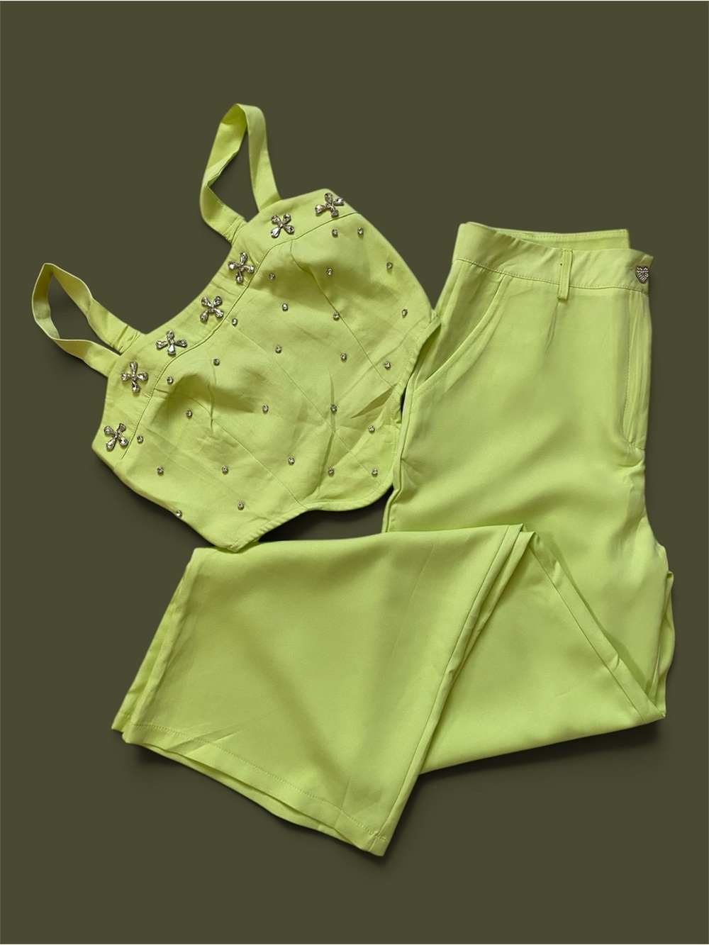 B&C Lime Green Crystal Embellished 2 Piece Co-Ord Set Pants & Crop Top Size M